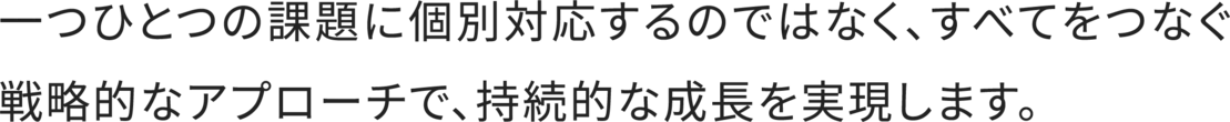 一つひとつの課題に個別対応するのではなく、すべてをつなぐ戦略的なアプローチで、持続的な成長を実現します。