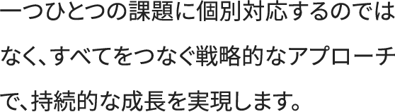 一つひとつの課題に個別対応するのではなく、すべてをつなぐ戦略的なアプローチで、持続的な成長を実現します。